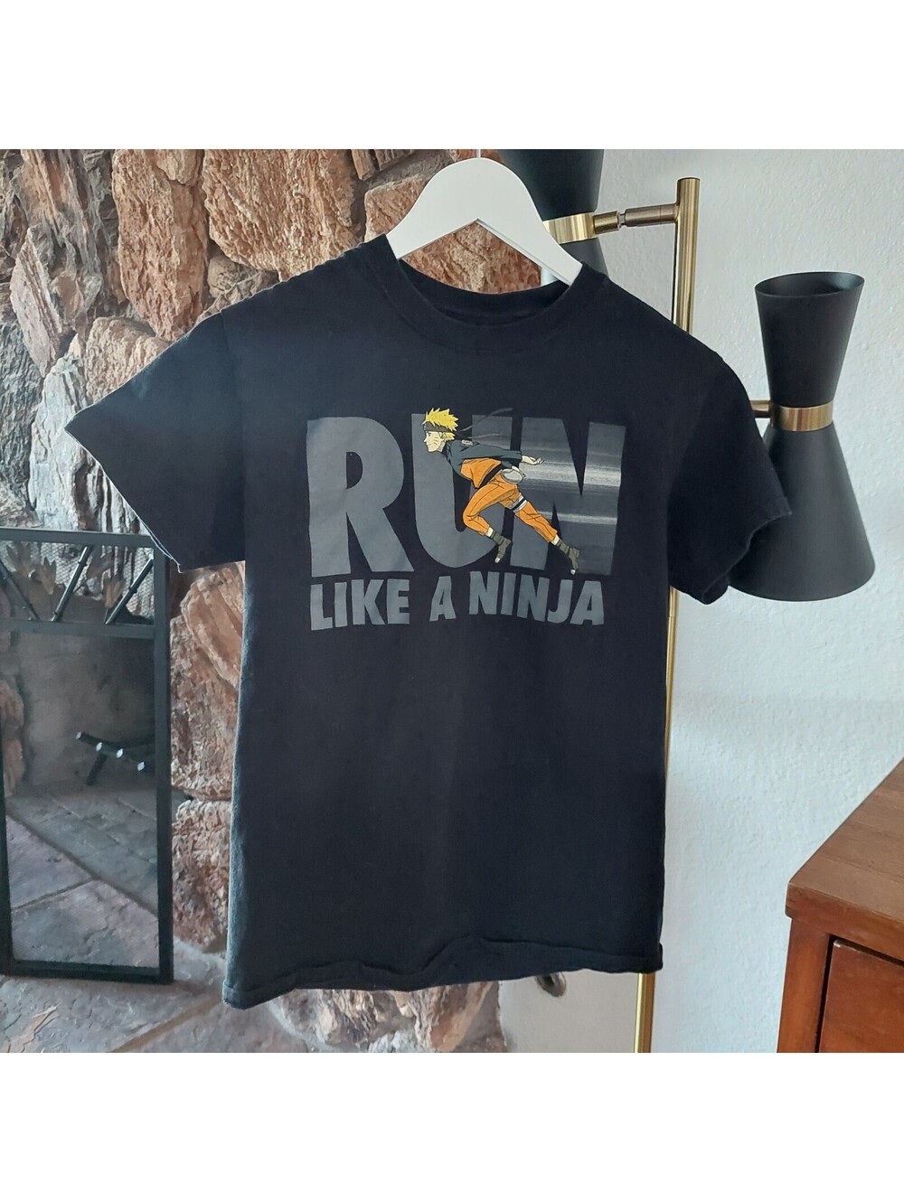 Black Cotton T-Shirt with 'Run Like a Ninja' Graphic Print, Casual Fit